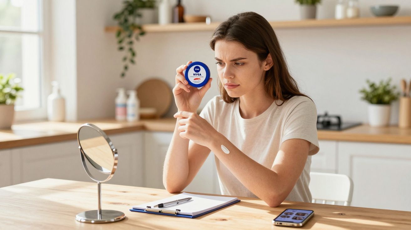 Mulher aplicando creme Nivea no braço, sentada à mesa com espelho, prancheta e celular à frente.