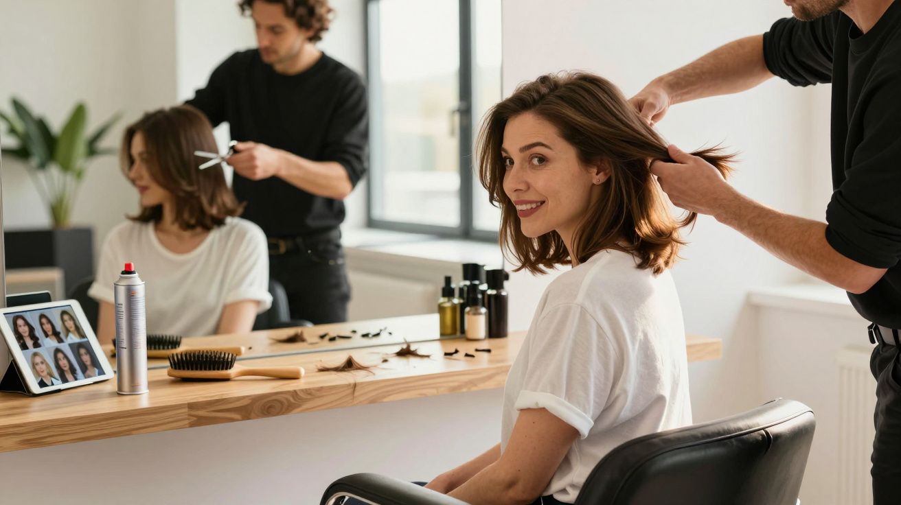 Mulher sorridente tendo o cabelo cortado por cabeleireiro em salão moderno e iluminado.
