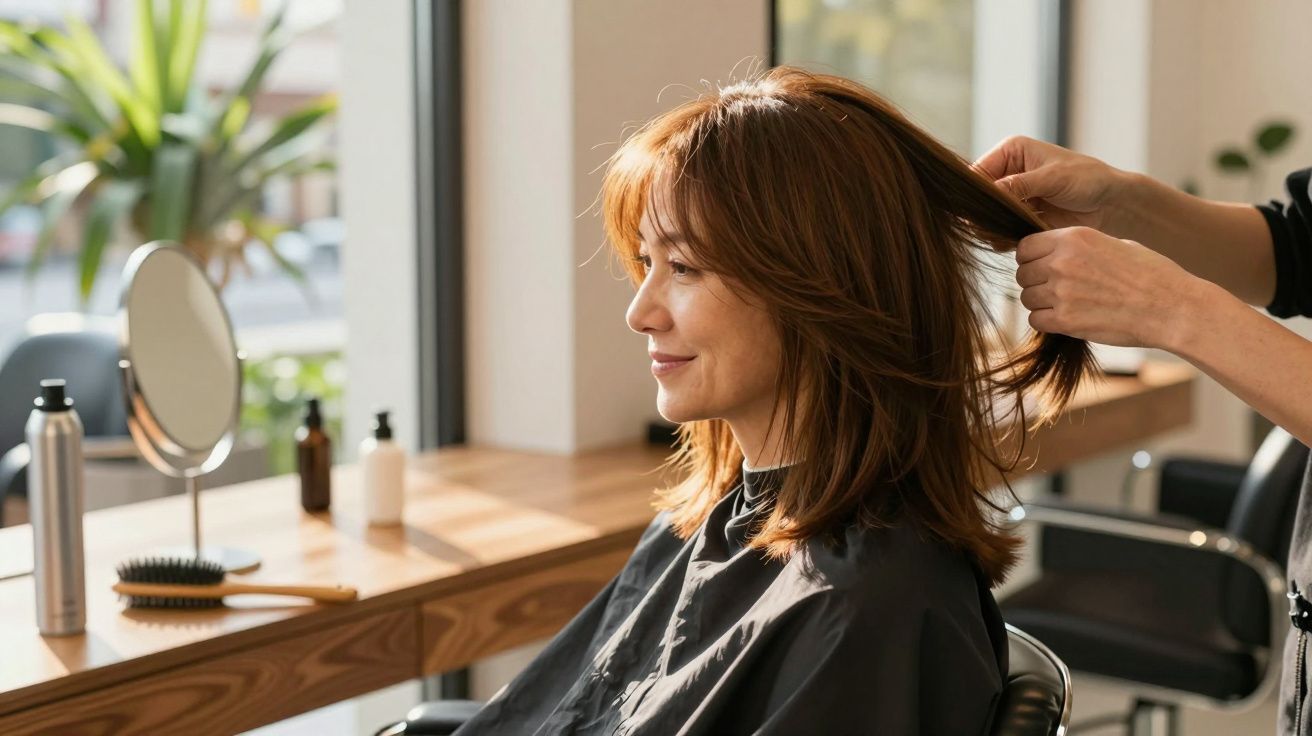 Mulher sorridente sentada em salão de beleza enquanto cabeleireiro arruma seu cabelo castanho.