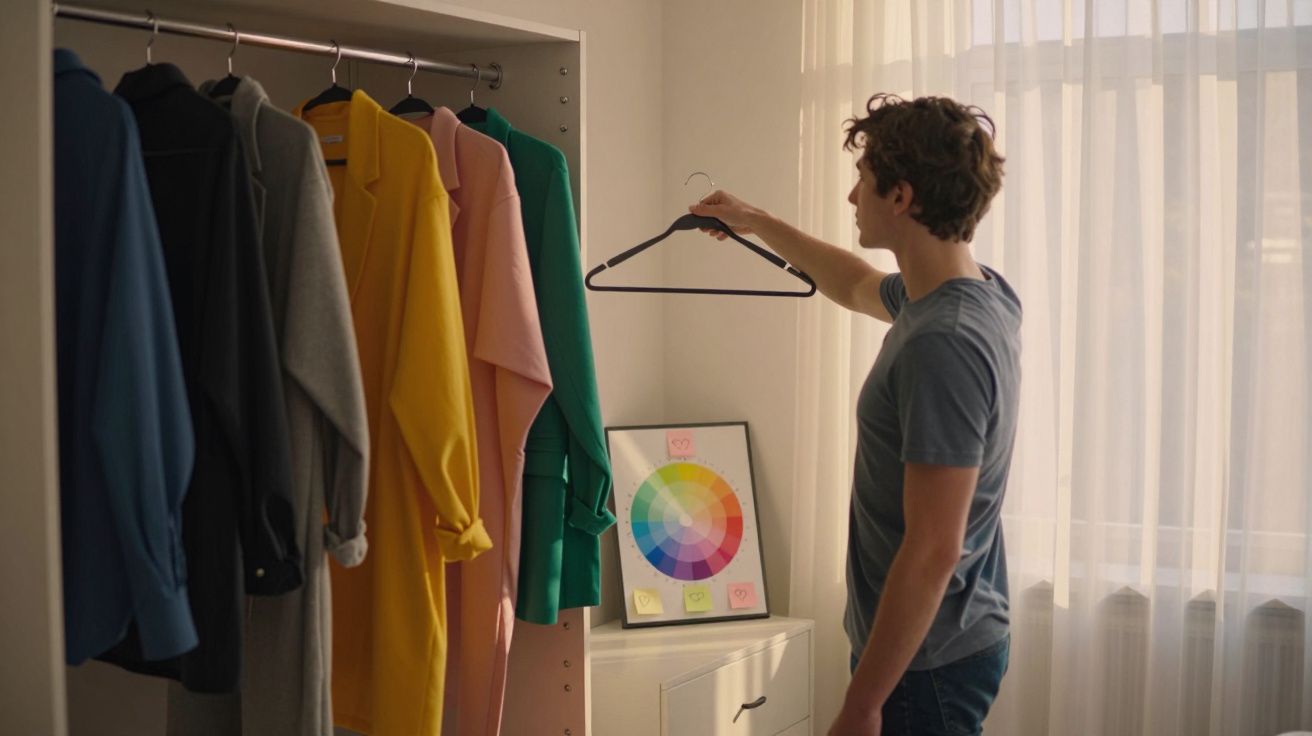 Homem escolhendo cabide em armário com roupas coloridas em quarto iluminado por janela.