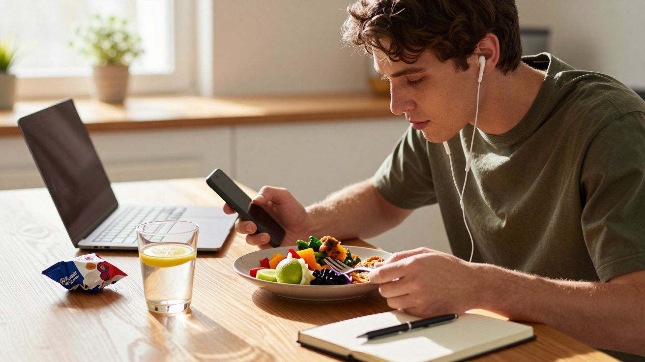 Jovem usando fones de ouvido, olhando celular e comendo salada em mesa com laptop e caderno.