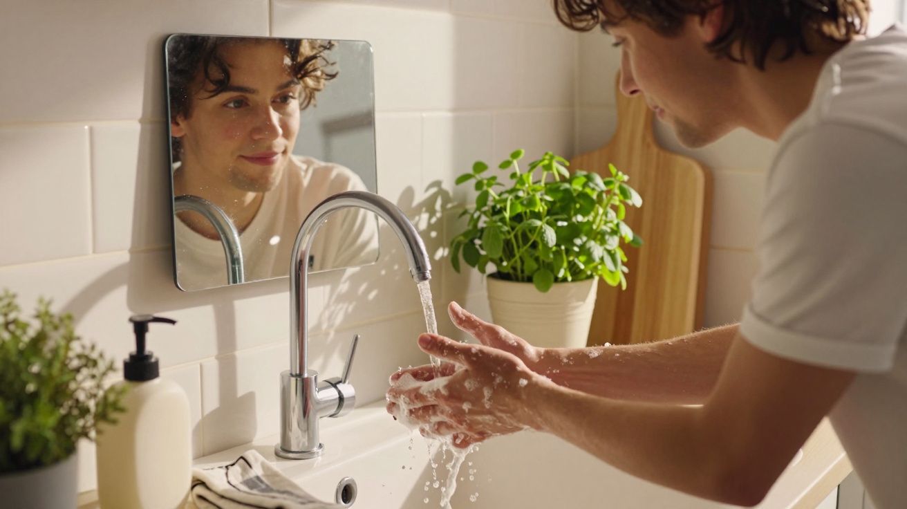 Jovem lavando as mãos na pia com espelho e plantas ao fundo em ambiente iluminado.