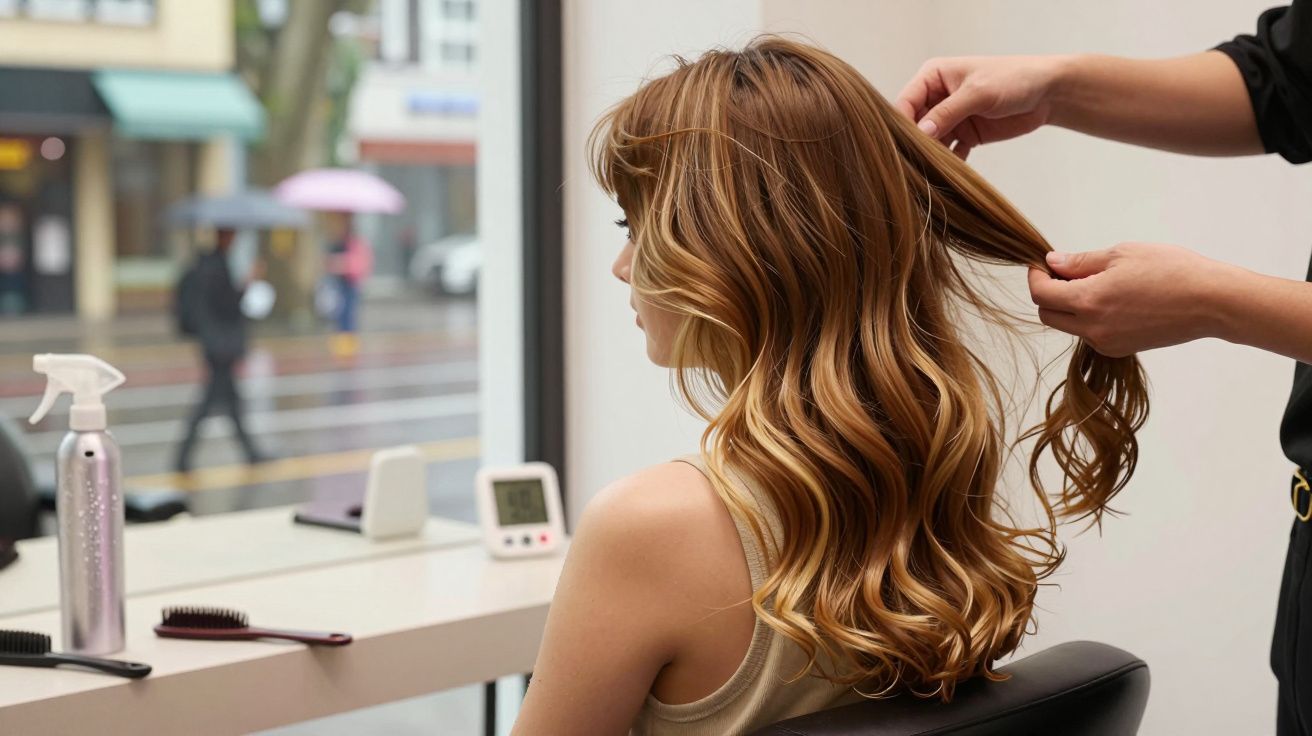 Mulher loira sentada em salão de beleza tendo o cabelo penteado por cabeleireiro.