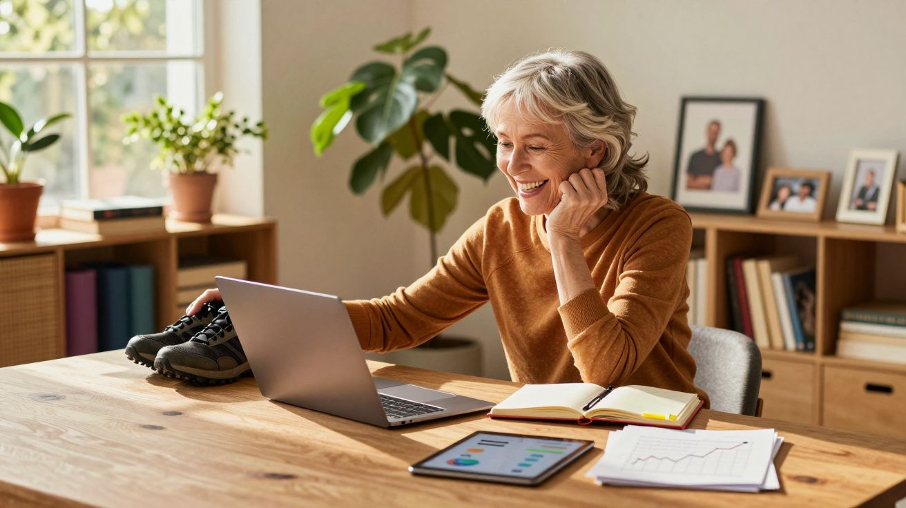 Mulher sorrindo, trabalhando no laptop em mesa com caderno, tablet e papéis em ambiente iluminado.