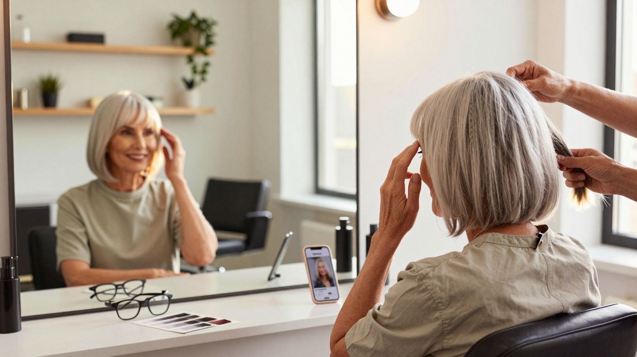 Mulher com cabelo grisalho recebe penteado em salão de beleza enquanto se olha no espelho.