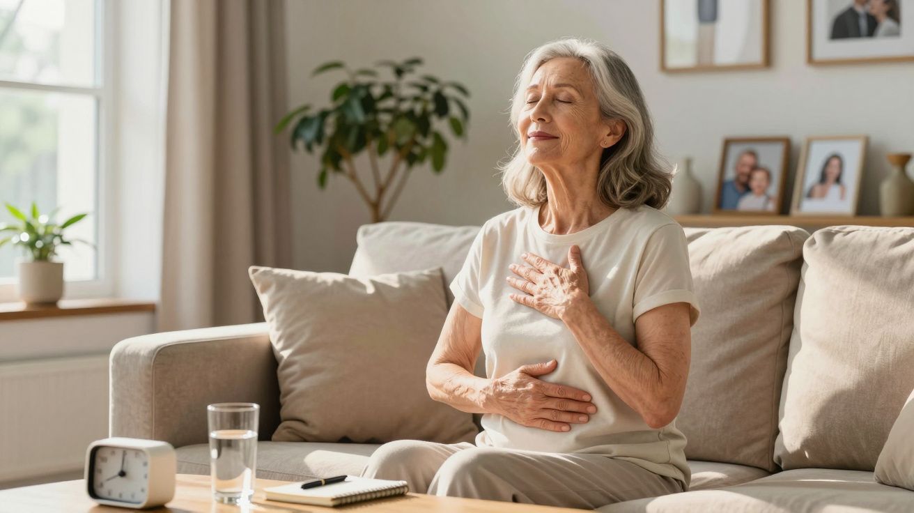 Mulher idosa sentada no sofá com olhos fechados, mãos no peito e na barriga, em momento de calma e reflexão.