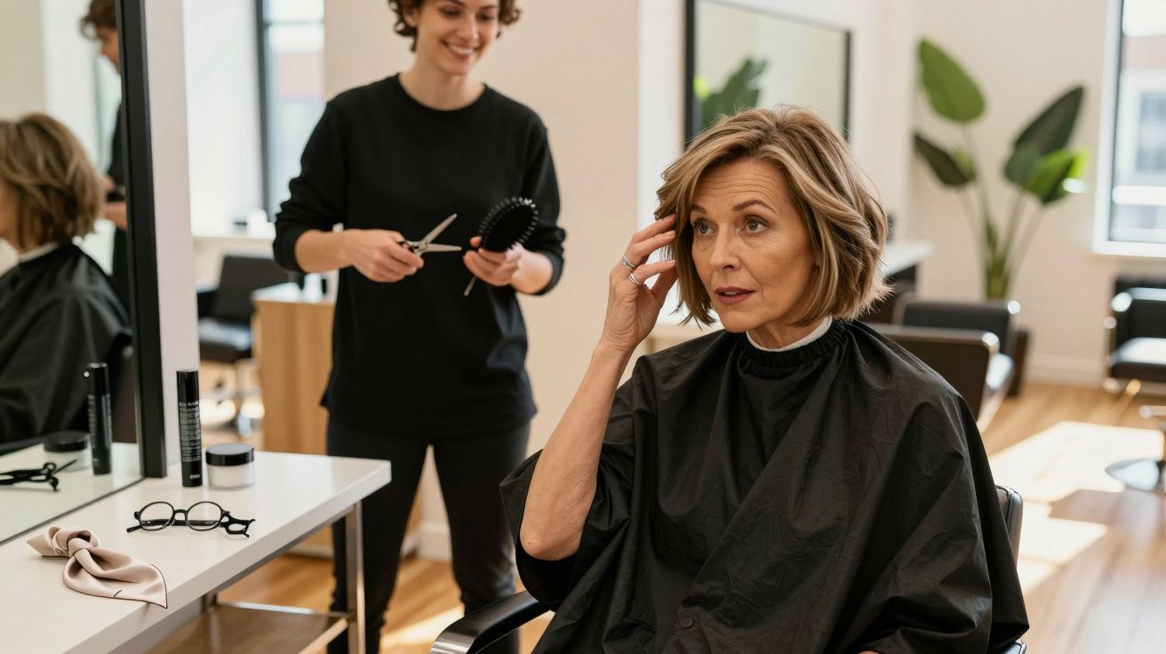 Mulher em cadeira de salão de beleza examinando cabelo com cabeleireira ao fundo sorrindo.