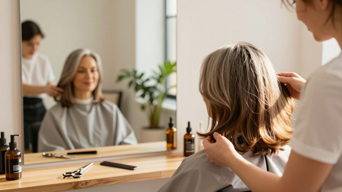Mulher de cabelos grisalhos sentada em cadeira de salão enquanto cabeleireira ajusta seu cabelo.