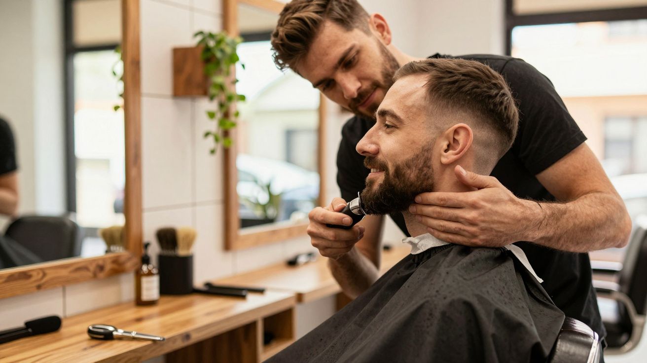 Homem cortando a barba de outro homem em salão de cabeleireiro moderno e iluminado.