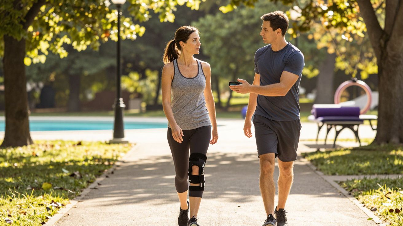 Homem e mulher conversando enquanto caminham em parque ensolarado, mulher com joelheira no joelho direito.