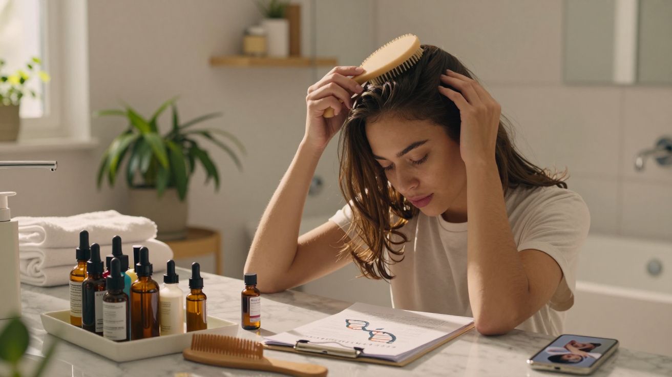 Mulher penteando o cabelo enquanto estuda informação genética em uma prancheta no banheiro.