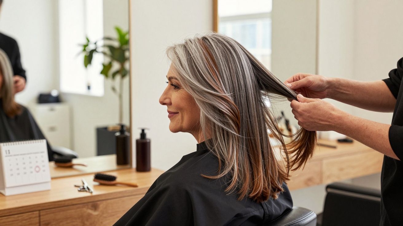 Mulher de cabelos grisalhos recebendo tratamento em salão de beleza, sentada em frente ao espelho.