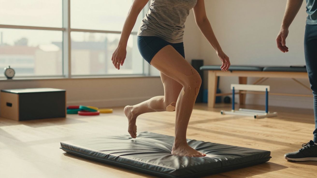 Pessoa fazendo exercícios de reabilitação com joelheira em ambiente com tatame e profissional ao lado.