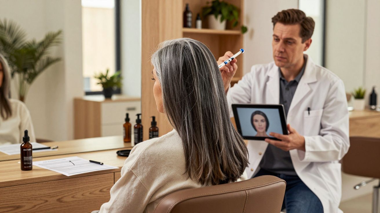 Mulher em consulta com dermatologista que mostra imagem facial em tablet, ambos em ambiente clínico.