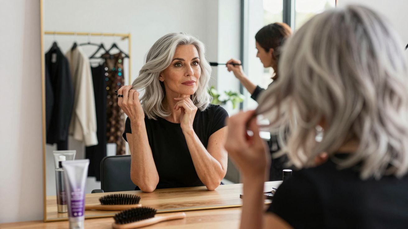 Mulher madura com cabelo grisalho olhando o reflexo no espelho em ambiente de salão de beleza.