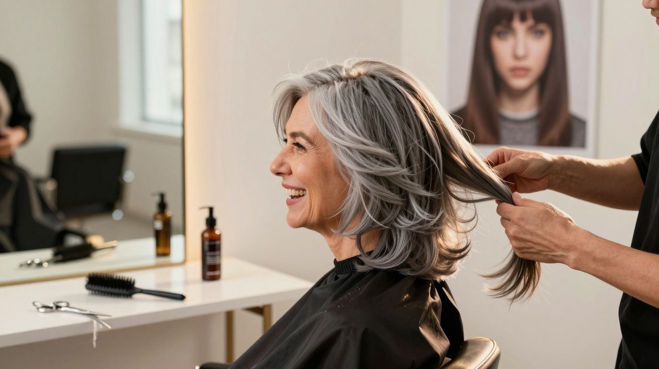 Mulher sorridente com cabelo grisalho sendo penteada em salão de beleza com espelho e produtos ao fundo.