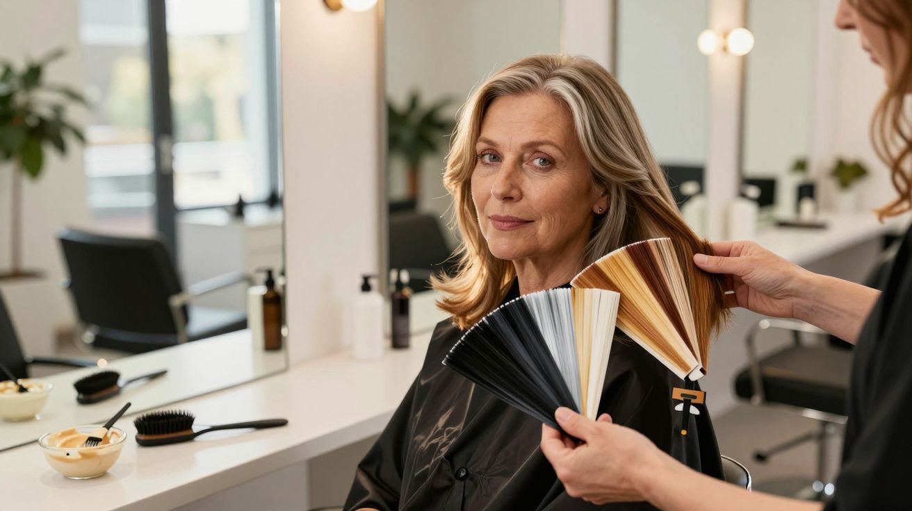 Mulher madura no salão de beleza escolhendo a cor do cabelo com ajuda da cabeleireira.