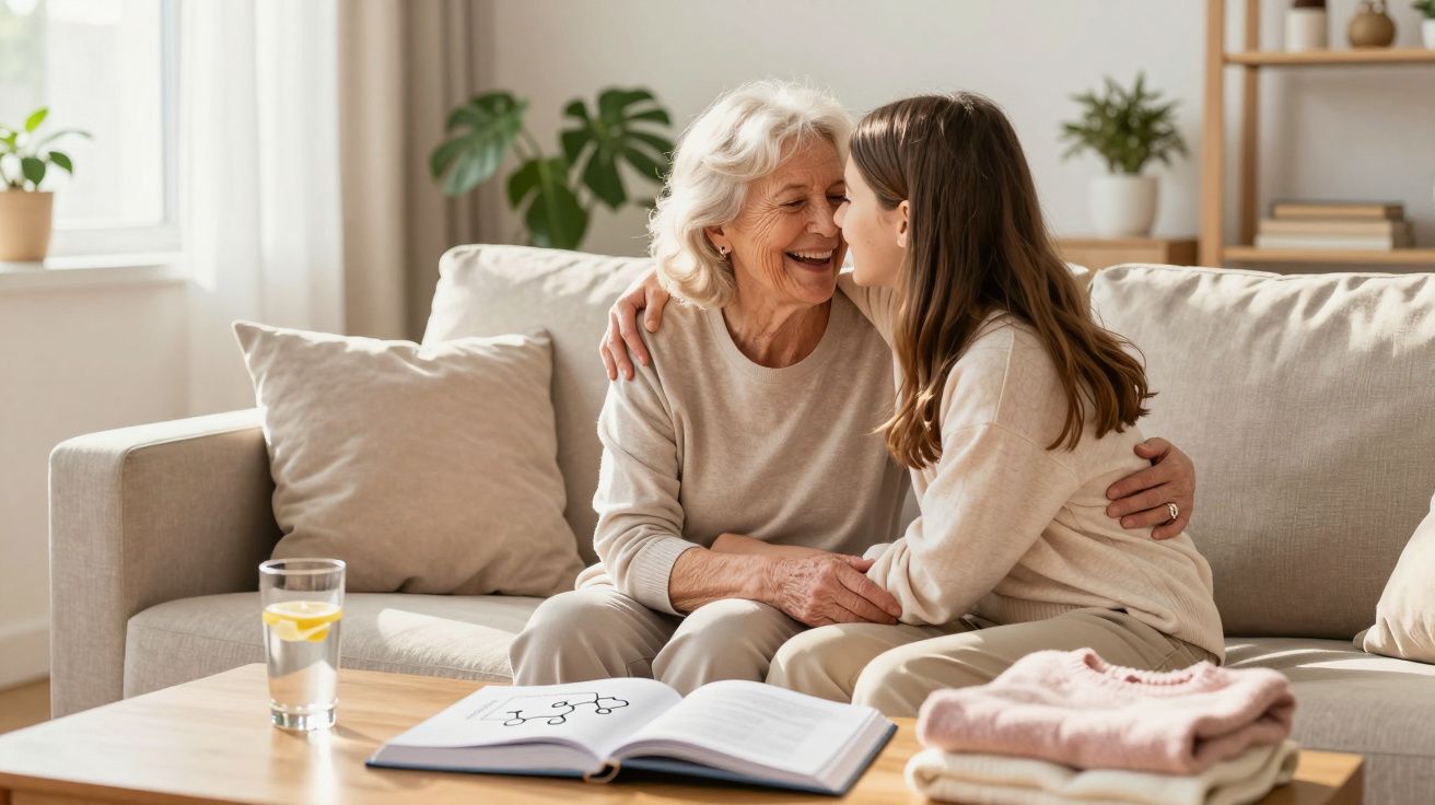 Mulher jovem e idosa abraçadas e sorrindo em sofá, ao lado de mesa com livro aberto e copo d'água.