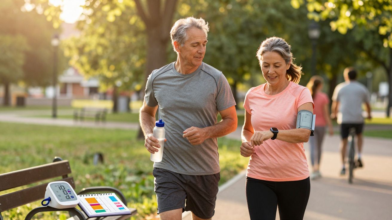 Casal maduro correndo no parque ao ar livre, ambiente com árvores e sol da tarde.