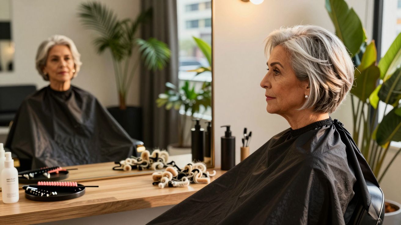 Mulher idosa com cabelo cinza sentada em cadeira de salão olhando para o espelho.