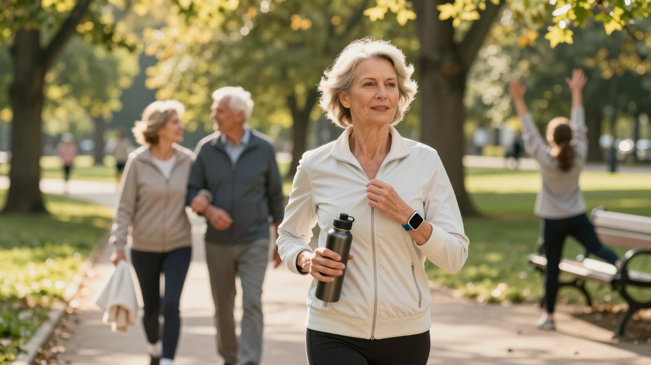 Mulher idosa caminhando no parque com garrafa de água, casal e criança ao fundo.