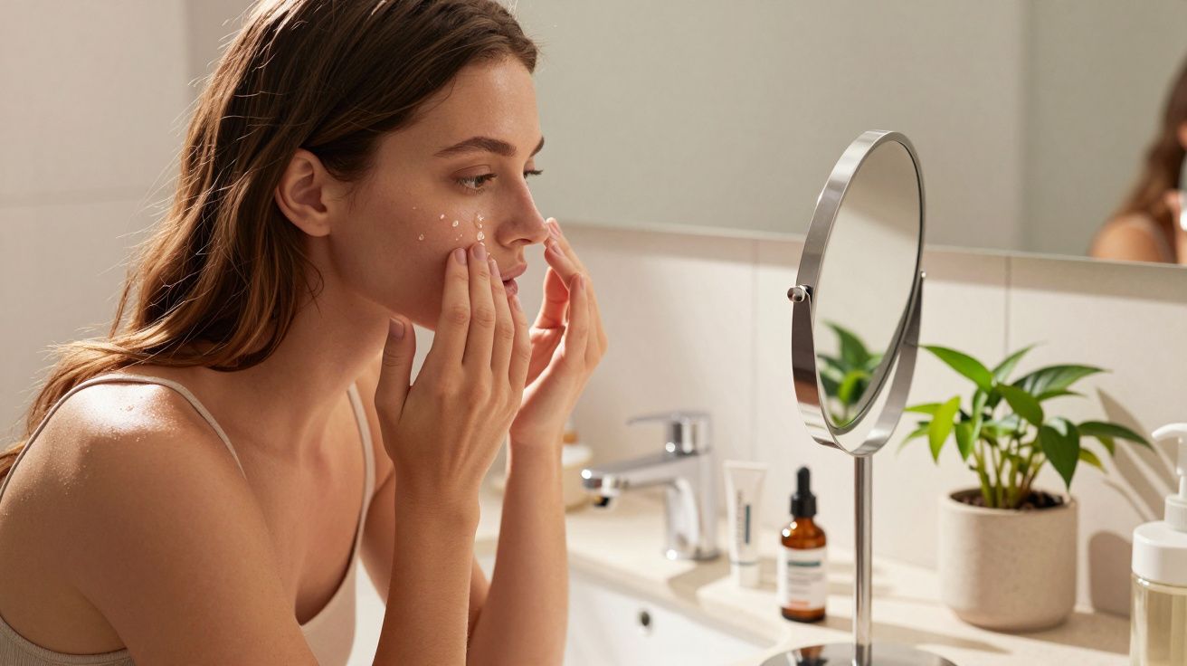 Mulher aplicando creme no rosto em frente ao espelho no banheiro, ao lado de produtos de skincare.