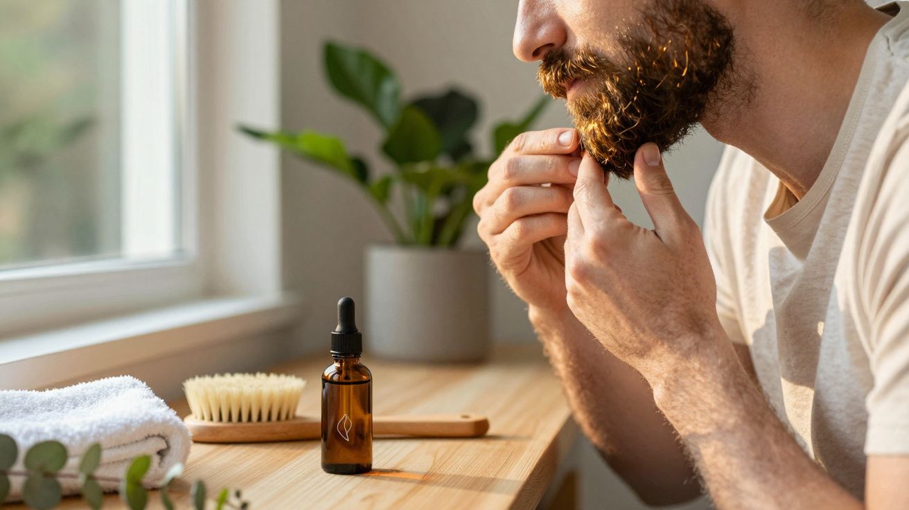 Homem aplicando óleo na barba sentado à mesa com toalha, escova e planta ao fundo.