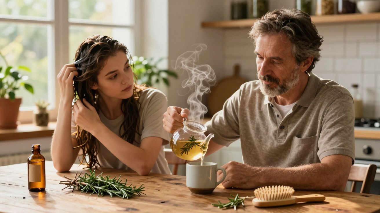 Homem serve chá de ervas para mulher sentada à mesa na cozinha iluminada pelo sol.