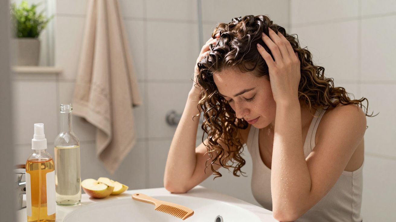 Mulher com cabelo cacheado sentada na pia do banheiro, olhando para um pente sobre a pia.