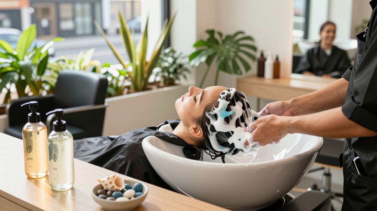 Mulher relaxando enquanto cabeleireiro lava seu cabelo com espuma em salão moderno e iluminado.
