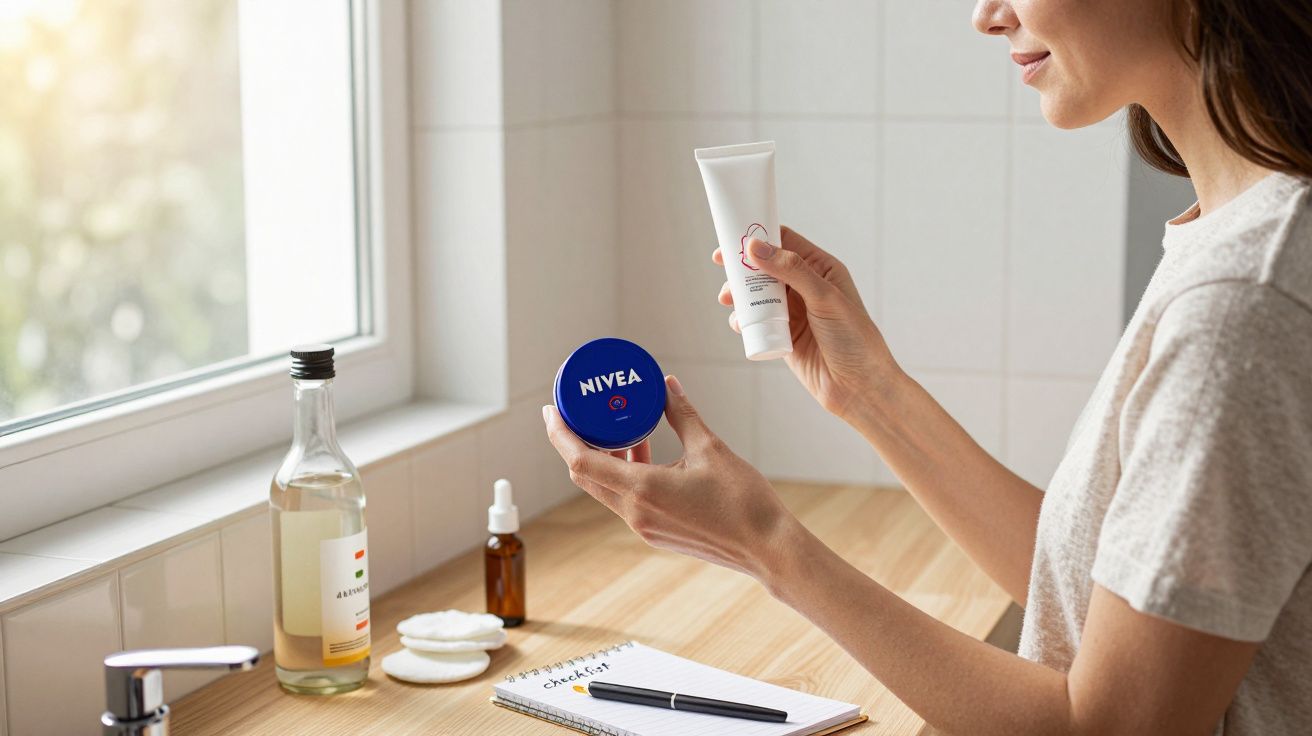 Mulher segurando dois cremes faciais em bancada de banheiro com cosméticos e lista de cuidados.