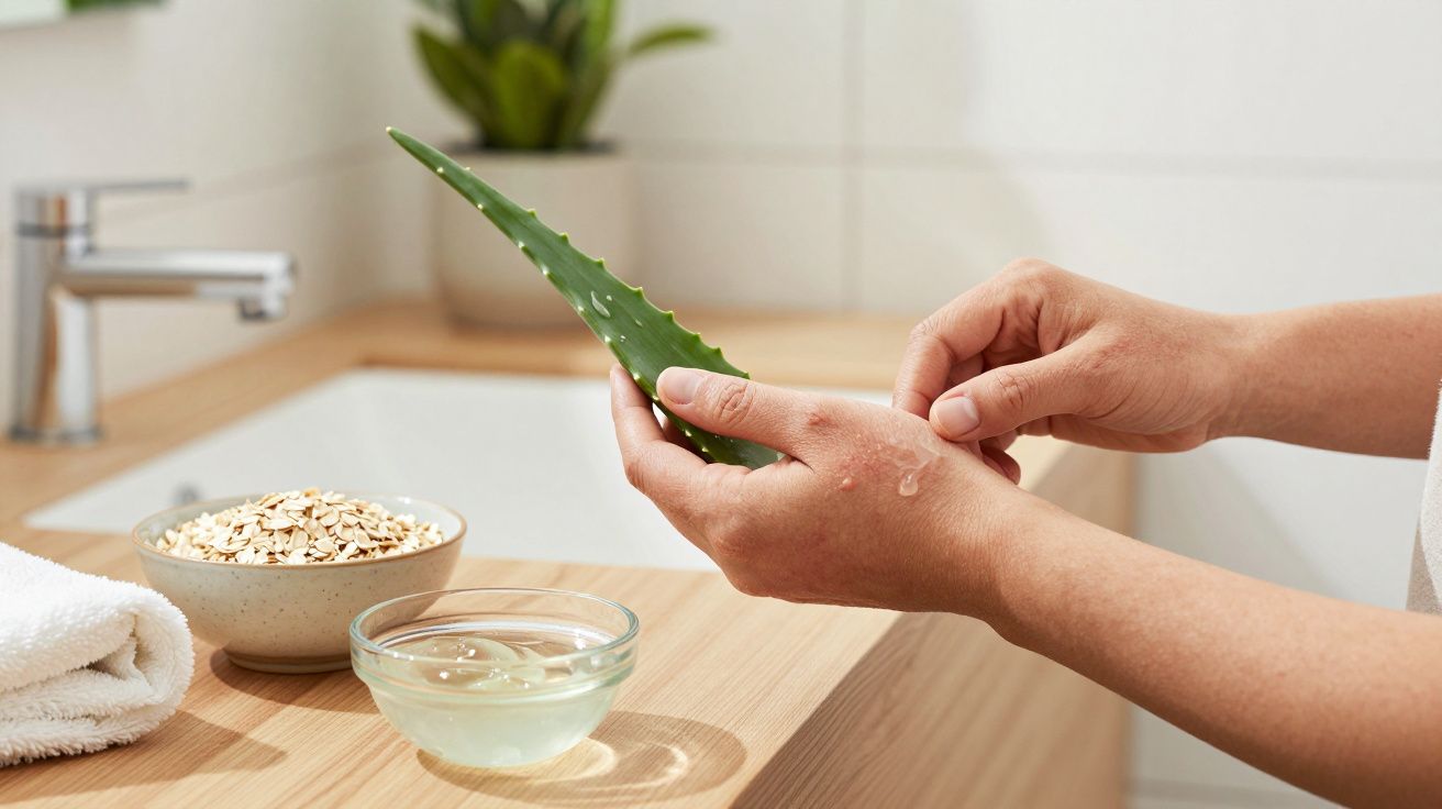 Mãos extraindo gel de folha de aloe vera em cozinha com aveia, toalha e planta ao fundo.