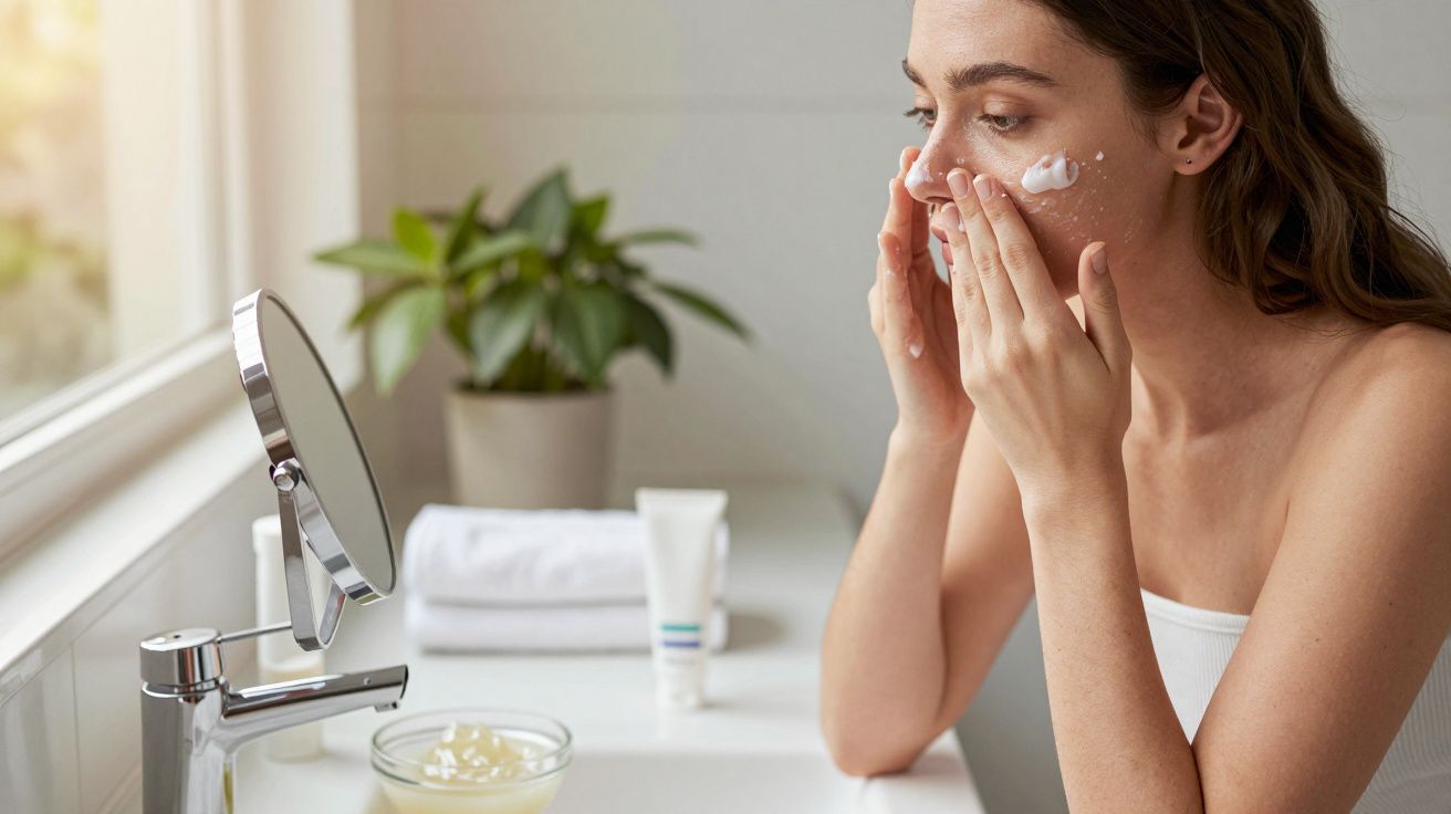 Mulher aplica creme facial no rosto em banheiro com espelho, planta e toalhas ao fundo.