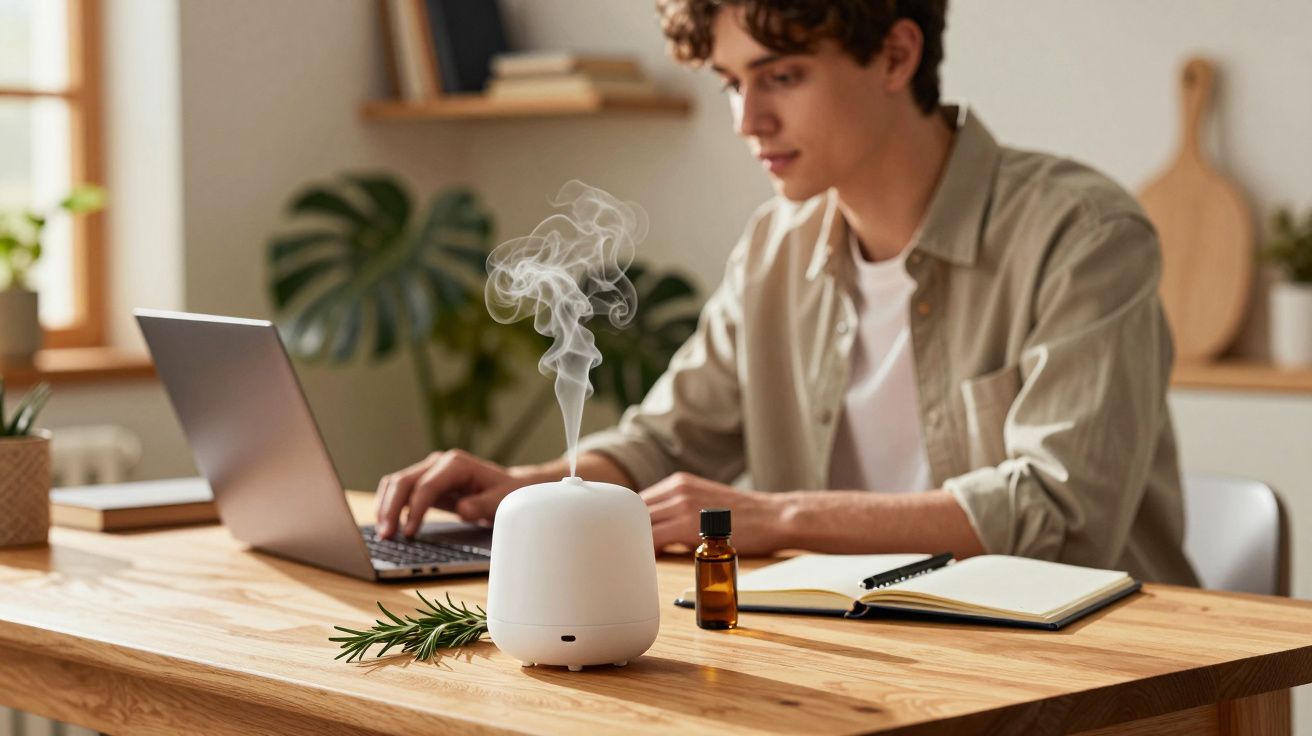 Difusor de aroma com vapor ao lado de homem trabalhando em laptop em mesa de madeira clara.