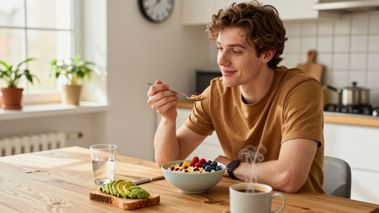 Jovem feliz comendo cereal em tigela na cozinha, com torrada de abacate e café na mesa.