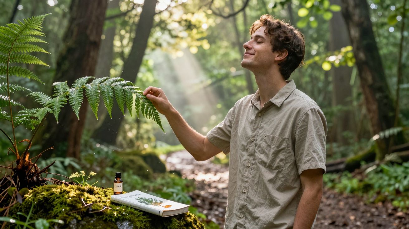 Jovem em floresta tocando folha de samambaia próximo a livro e frasco, luz do sol entre árvores.