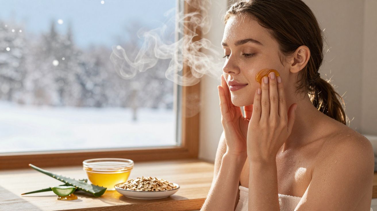 Mulher aplicando creme facial perto da janela com tigela de aveia e mel ao fundo em ambiente iluminado.