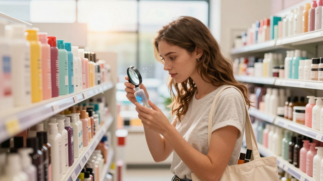 Mulher jovem observa rótulo de produto com lupa em corredor de loja de cosméticos.