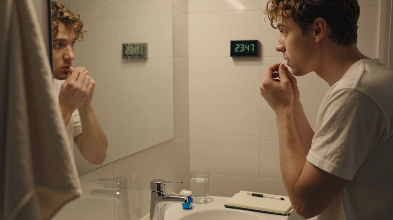 Homem jovem de camiseta branca escova os dentes em frente a um espelho em banheiro simples às 23h47.