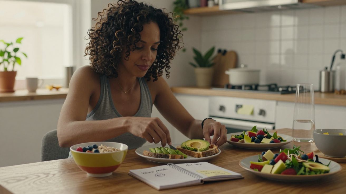 Mulher preparando torrada com abacate e sementes no café da manhã em cozinha iluminada.