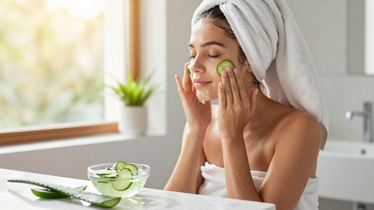 Mulher aplicando máscara facial caseira com pepino, cabelo enrolado em toalha, em banheiro iluminado.