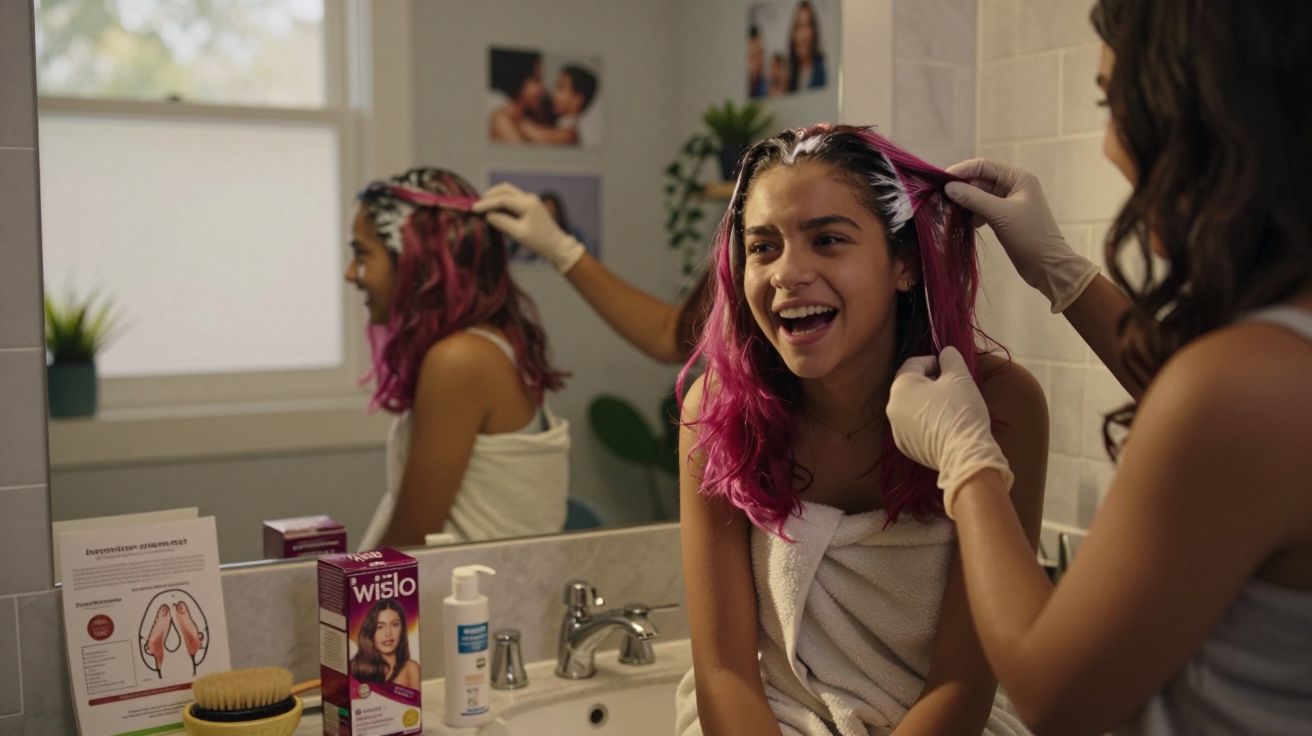 Mulher com toalha no banheiro tendo cabelo tingido de rosa por outra pessoa usando luvas.