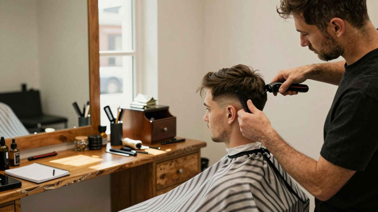 Barbeiro cortando cabelo de cliente com máquina em salão iluminado com espelho grande ao fundo.