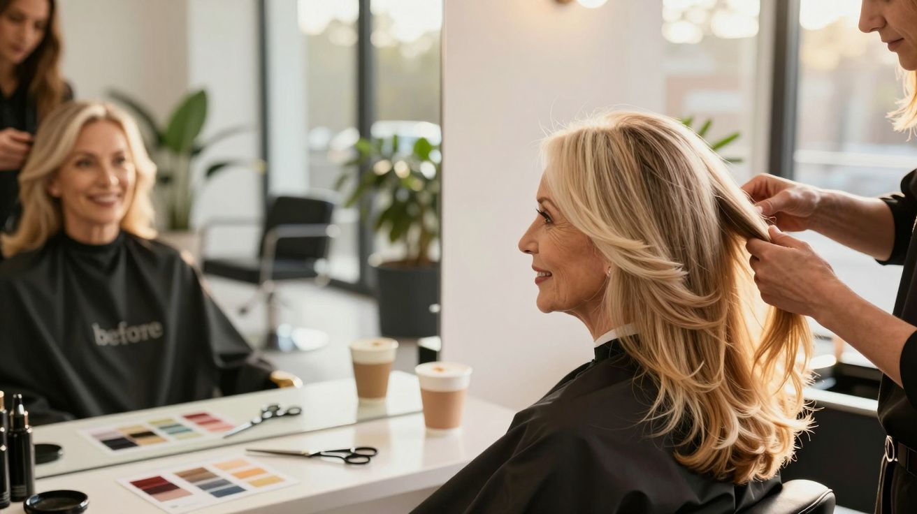 Mulher sorridente sentada em salão de beleza enquanto cabeleireira penteia seu cabelo loiro.