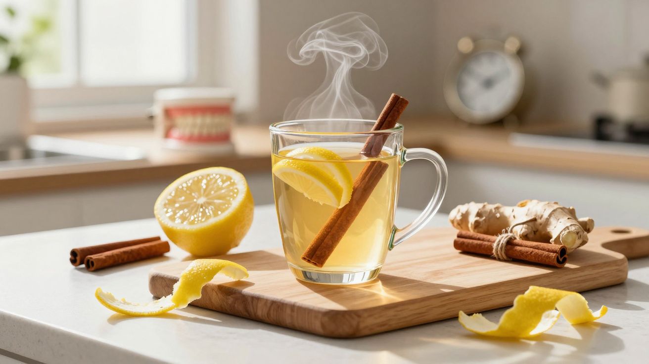 Chá quente com limão, canela em pau e gengibre em tábua de madeira na cozinha iluminada.