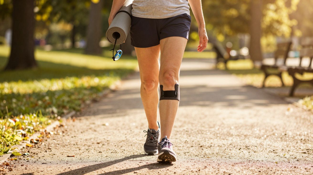Pessoa caminhando em parque ensolarado com tapete de yoga e joelheira preta no joelho esquerdo.