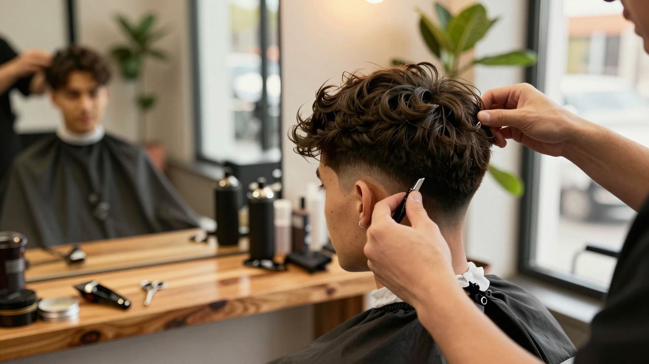 Homem cortando cabelo com máquina em barbearia moderna com espelho e produtos ao fundo.