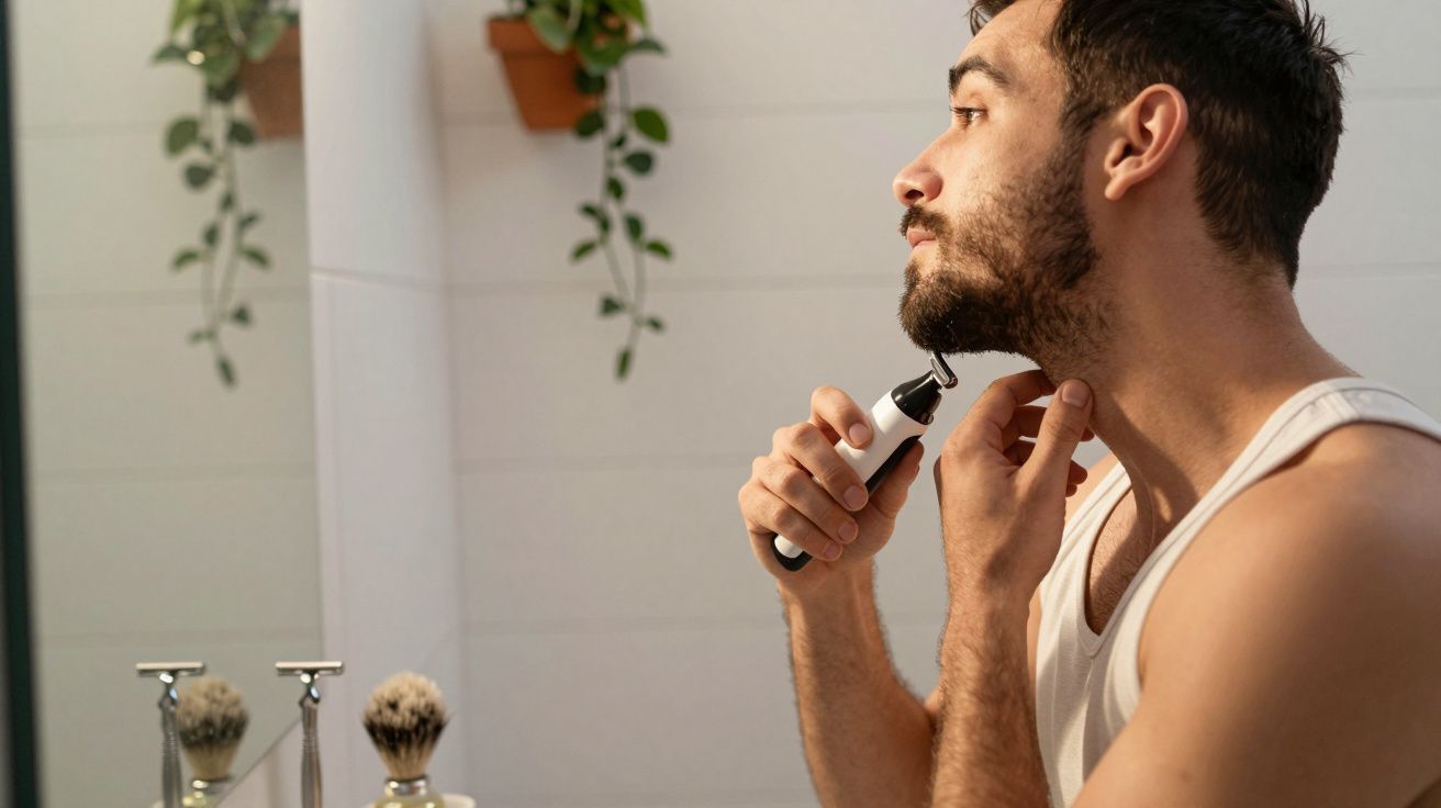 Homem aparando a barba com aparador elétrico em frente ao espelho no banheiro.