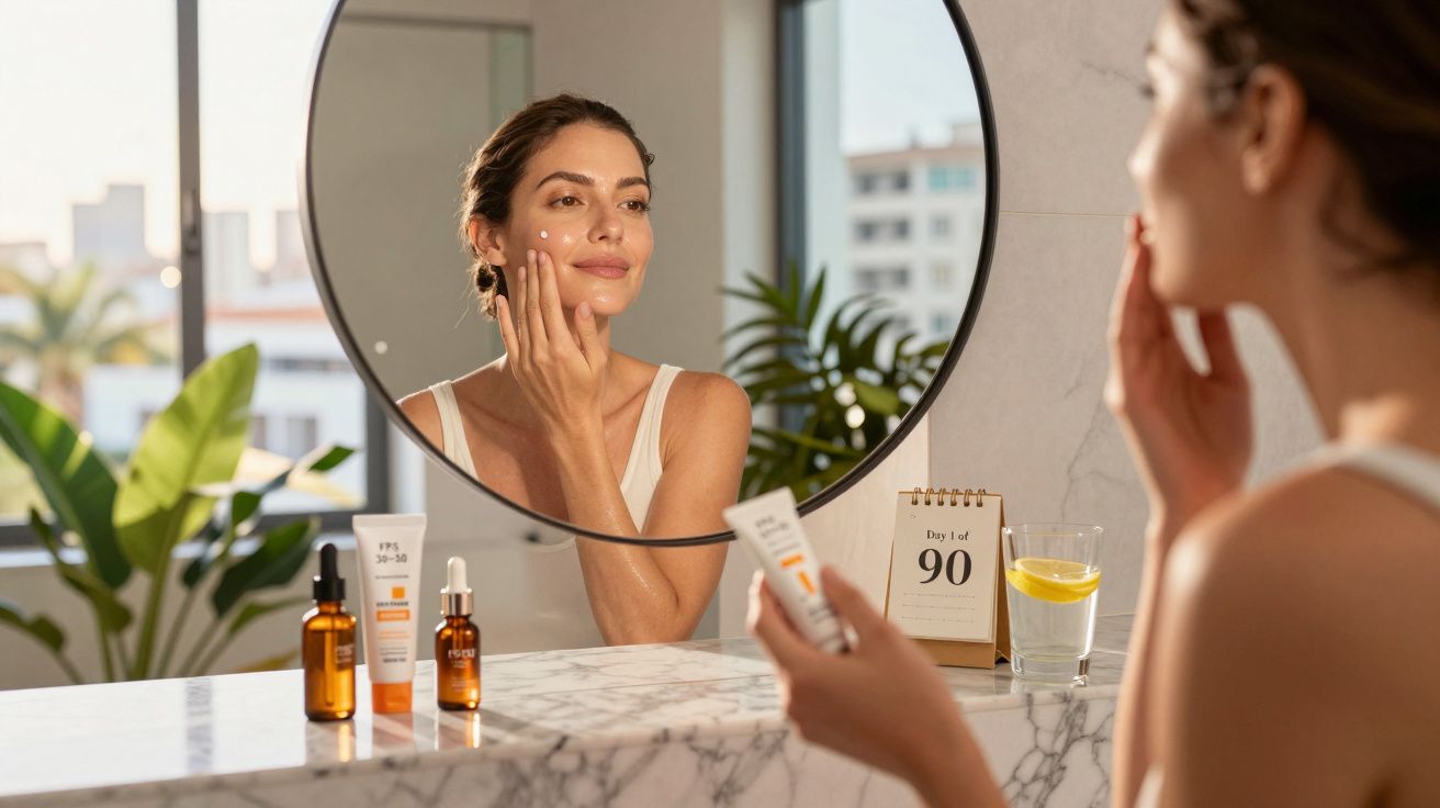 Mulher aplicando creme facial em frente ao espelho em banheiro claro com plantas ao fundo.