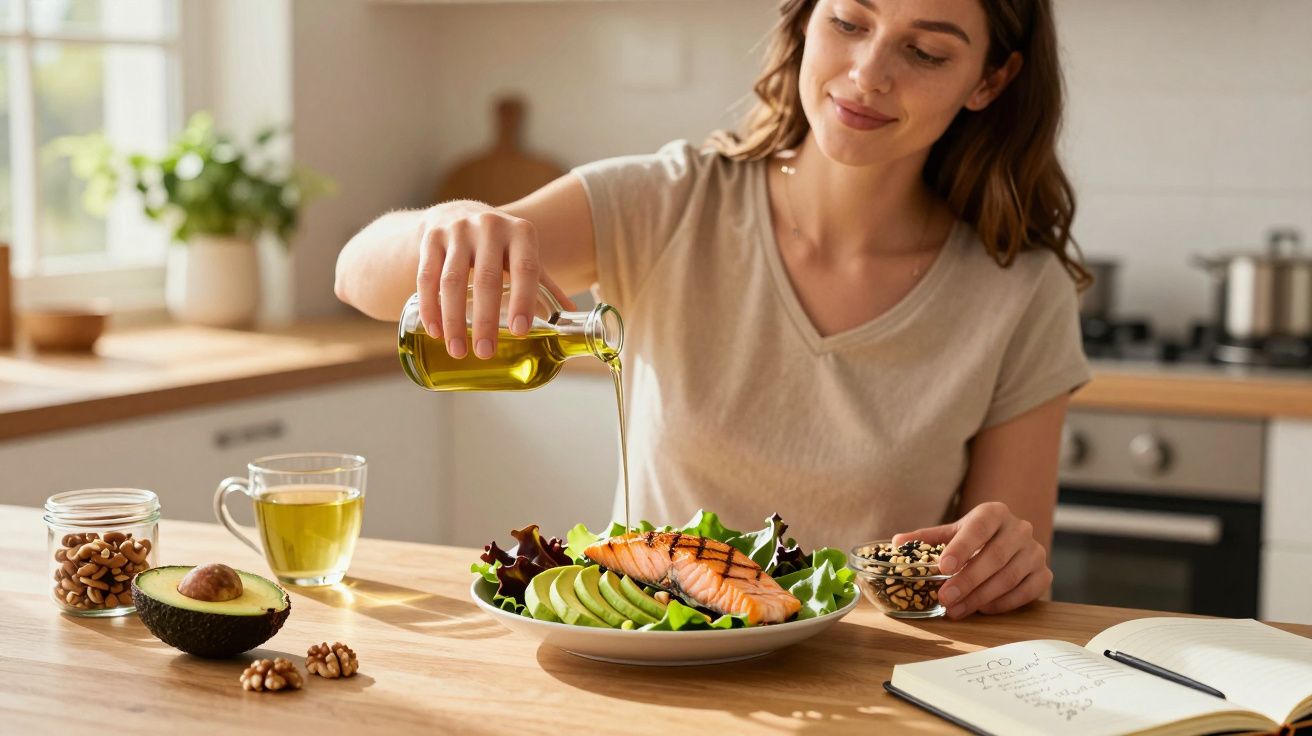 Mulher derramando azeite em salada com salmão, abacate e nozes em uma cozinha iluminada.